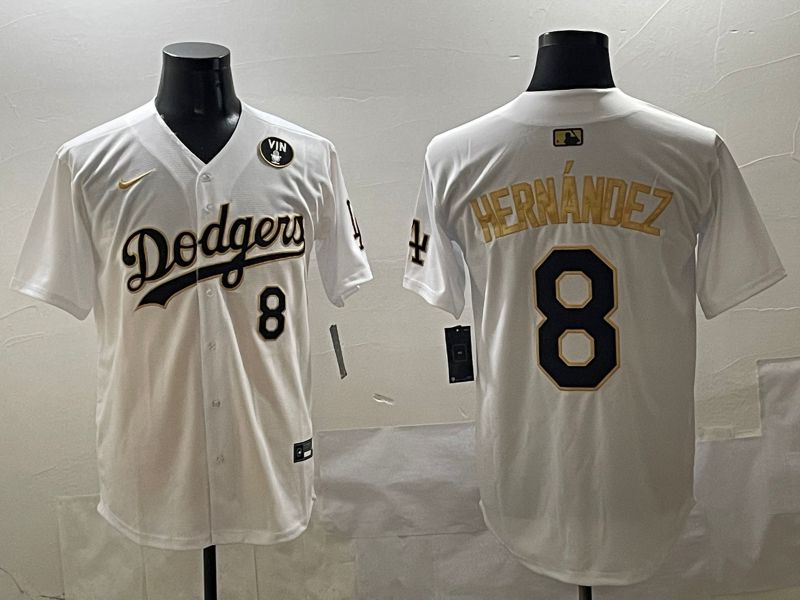 Men Los Angeles Dodgers #8 Hernandez White Gold Nike 2025 MLB Jersey style 4248